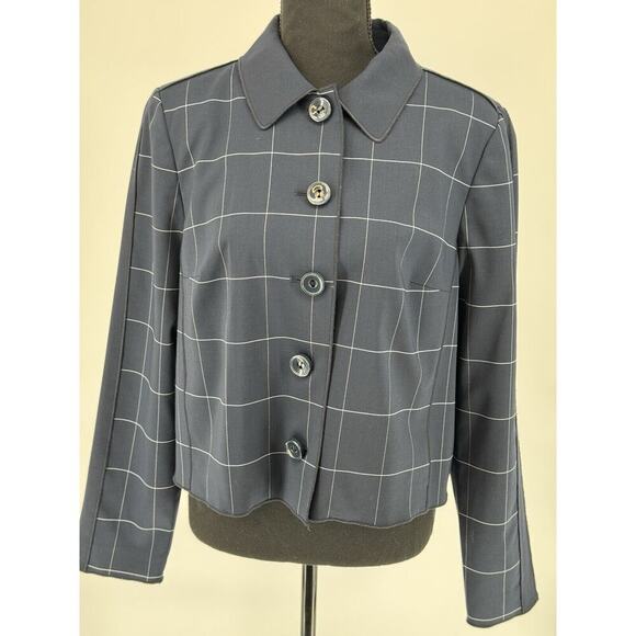 WORTH New York Wool Blazer Jacket Navy Blue Womens M Check Cropped Boxy Business - Picture 1 of 6